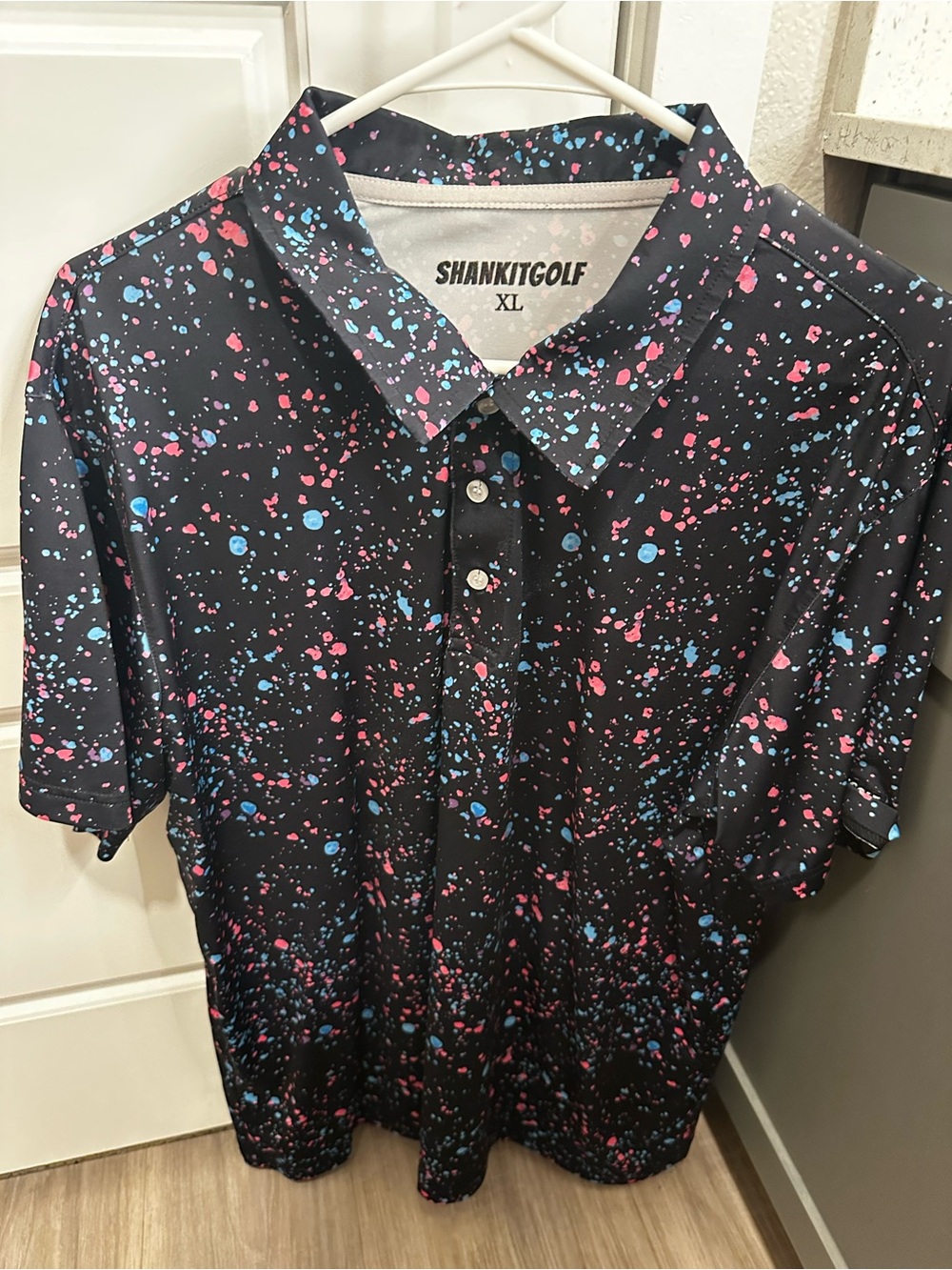 Shank It Golf Black Polo with Pink & Blue Splatter